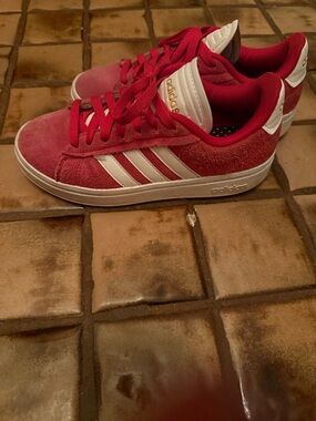 adidas Red Suede Low-Top Sneakers with White Stripes